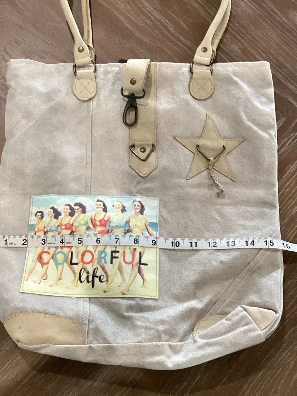 Neutral Beige Canvas Tote with Star Accent